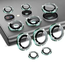 Bling Diamond Glass Camera Lens Protector with Ring Cap Locator - Samsung S25 (Stone Green)