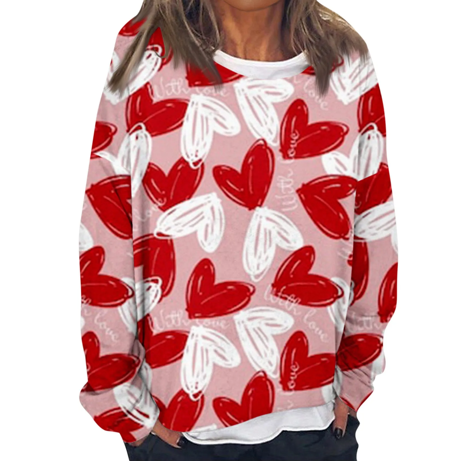 

Women'S Loose Casual Tee Tops Fake Two Piece Round Neck Long Sleeved Love Pattern Printed Sweatshirt Tops All-Match Tops