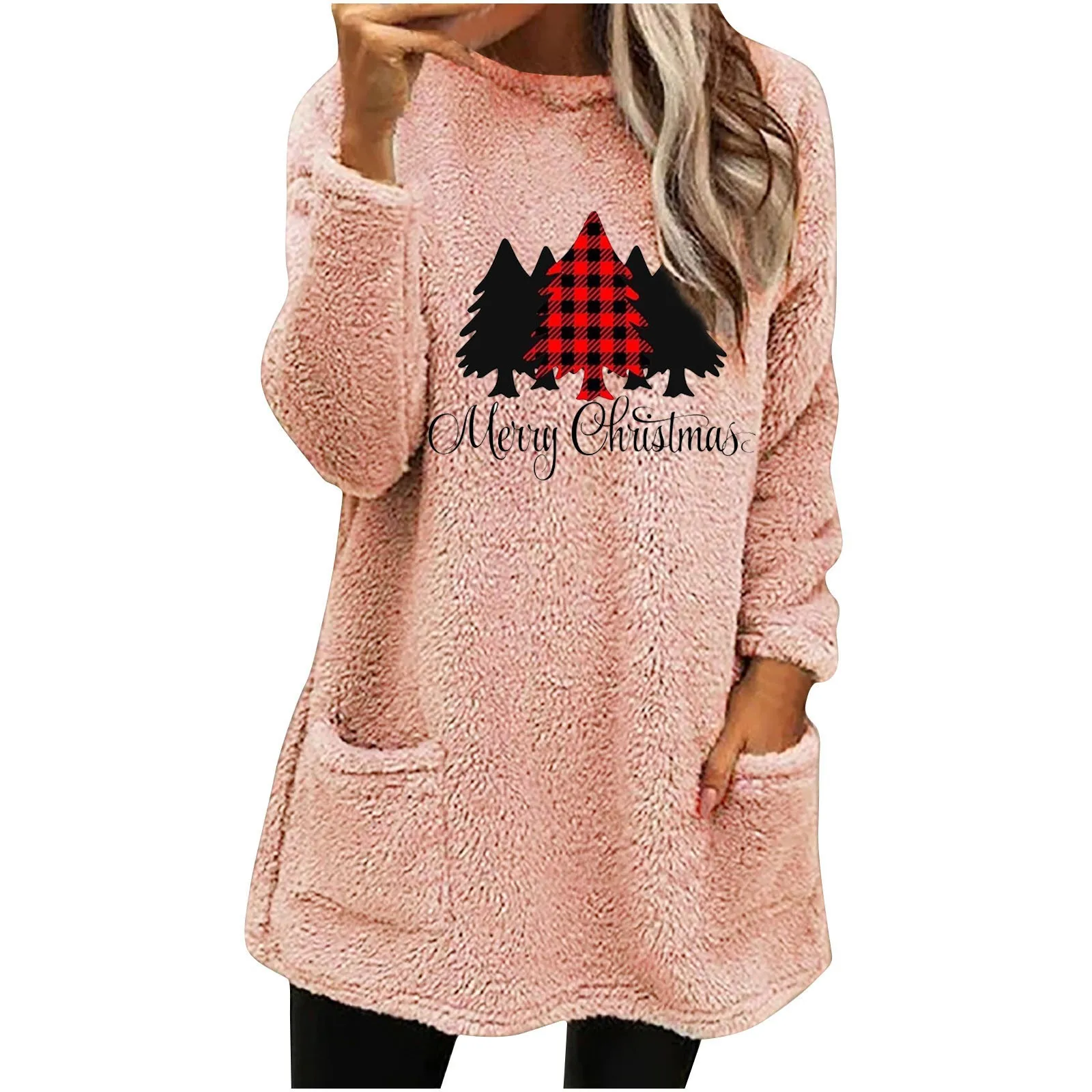 

Women'S Long Sleeve Christmas Tree Print Double Fleece Sweatshirt Pocket Round Neck Graphic Jumper Loose Navidad Clothes