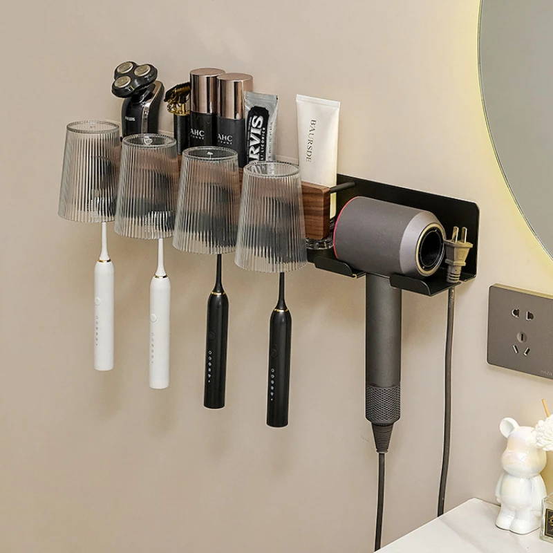 

Walnut Wood Toothbrush and Hair Dryer ShelvesWall-Mounted Bathroom OrganizerPunch-Free Storage Solution for Sleek Design