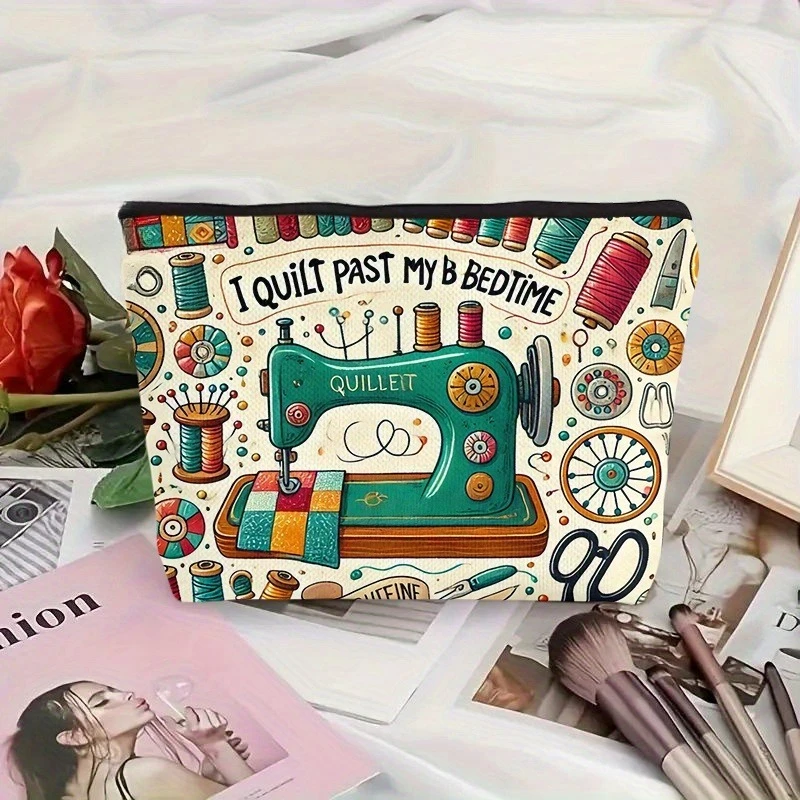 Kosmetiktasche mit Vintage-Nähmaschinen- und Stoffdruck, Make-up-Organizer mit Reißverschluss, leicht, faltbar, Reiseetui, Aufbewahrungstasche – Detail 11
