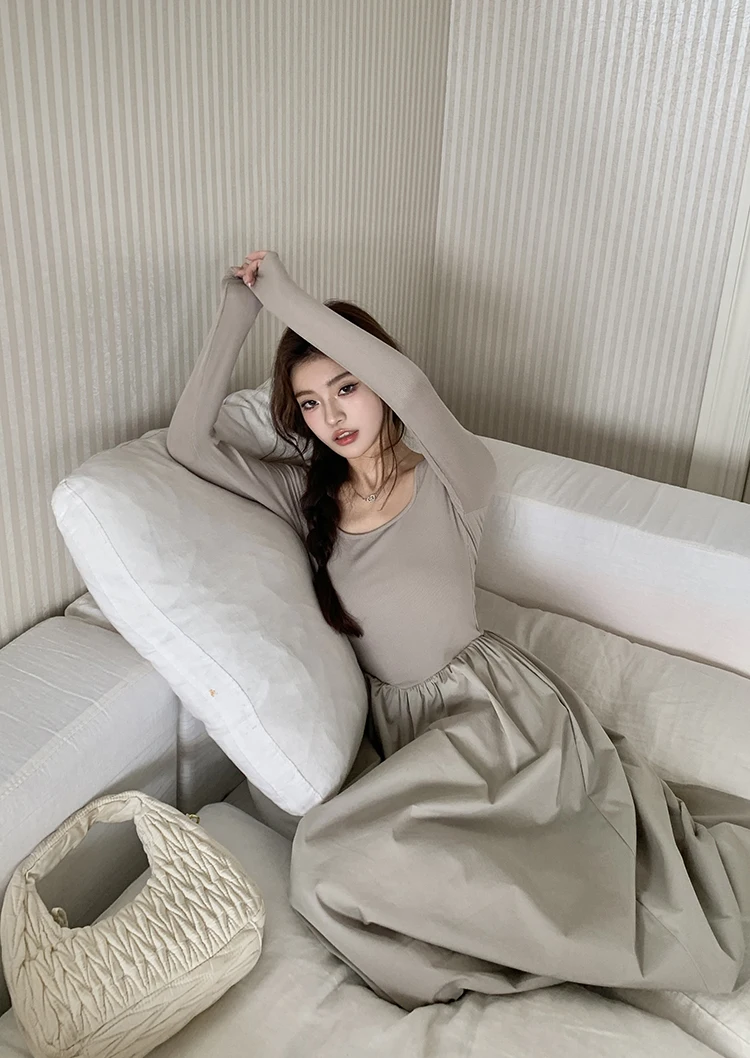 Casual Knitted Midi Dresses for Women Solid Long Sleeves Square Collar A-line Autumn New Elegant Dress Female Slim Vestidos