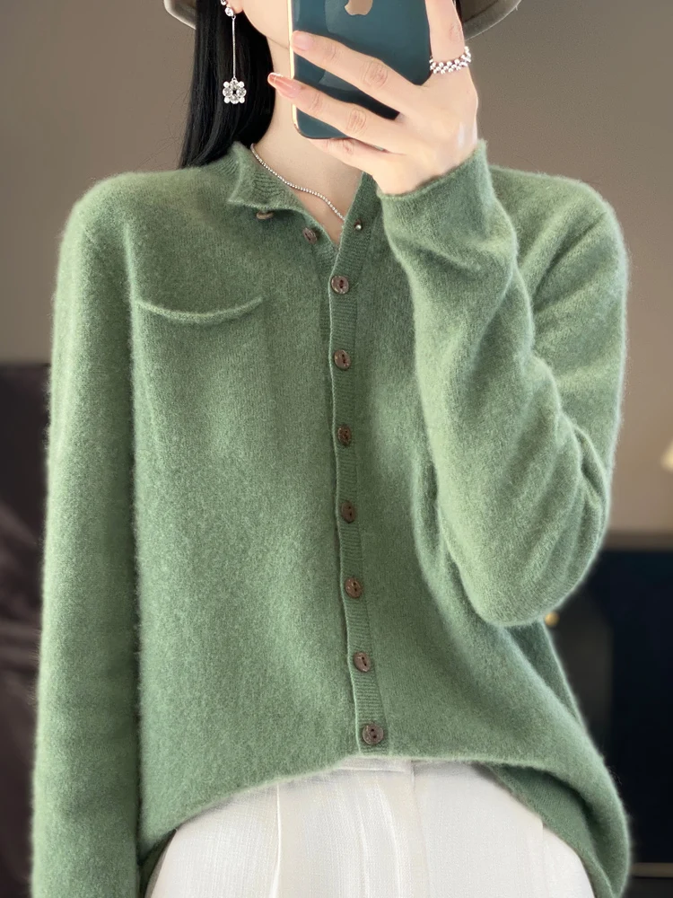 2024 New Fashion Women Sweater Spring 100% Pure Merino Wool Cardigan Ruffled-collar Jacket Female Clothing Grace Knitwear Tops 3