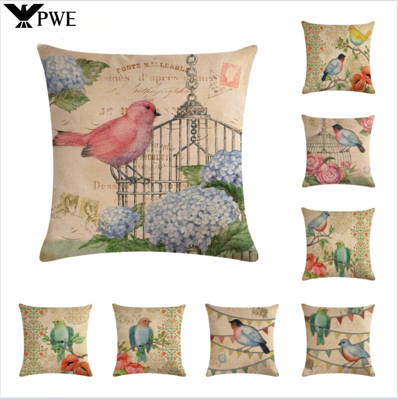 

Lovely Flower and Bird Cushion Cover Retro Print Linen Pillowcase Decoration Living Room Bedroom Sofa Car 45*45cm