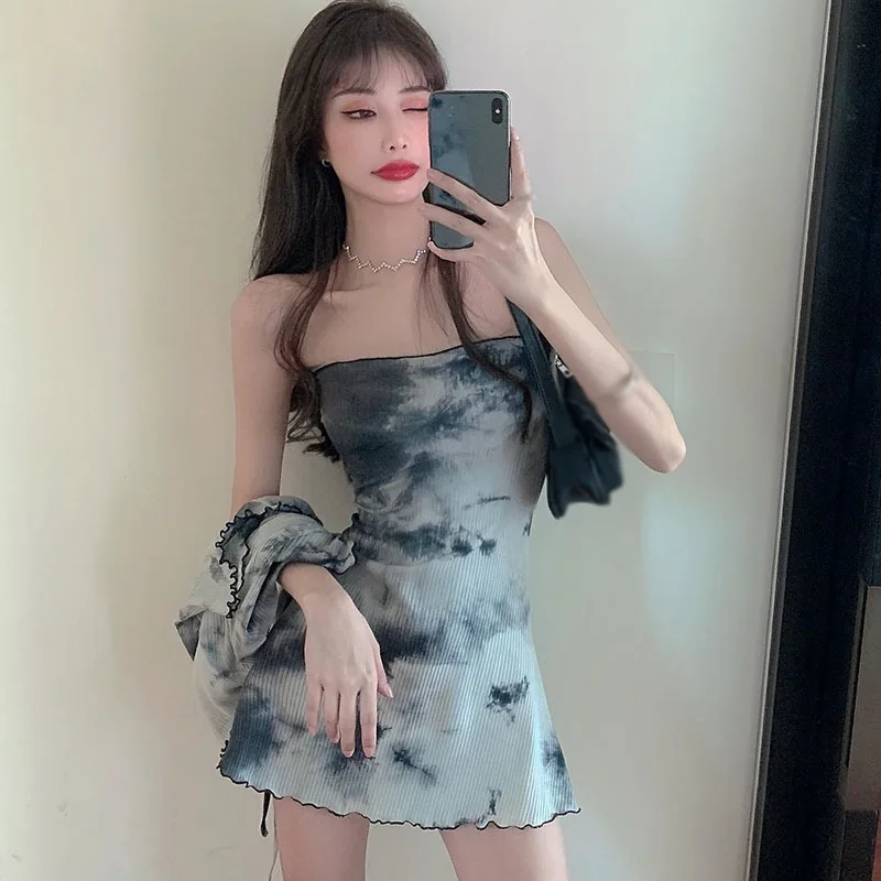 타이다이 디자인 센스 튜브톱 드레스, 여성 패션 가디건 상의, 투피스 수트, 가을, 2 개 세트