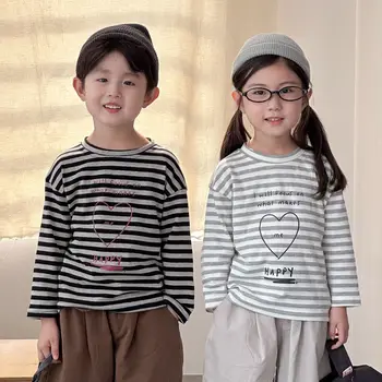 2025 Autumn New Children Long Sleeve T Shirts Cotton Girls Loose Striped Bottoming Shirt Boys Versatile Casual Tops Kids Clothes