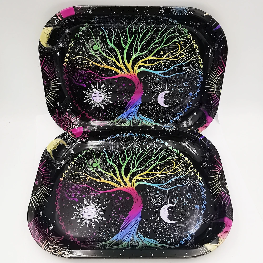 Metall Rolling Tray Platte Aschenbecher Tabak 180*140mm Zigaretten schale animierte Zigaretten schale 7,1x4,7 Zoll Aufbewahrung stablett Glücks baum – Detail 5