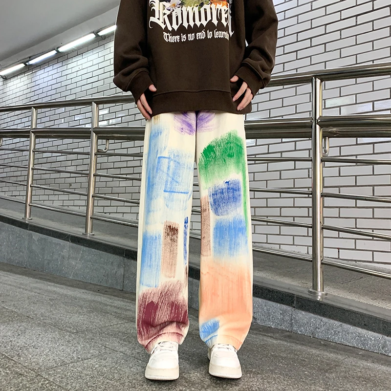 

American Style Spring Jeans Men's Retro Loose Casual Hand-printed Graffiti Straight Wide-leg Pants Fashion Denim Trousers B156