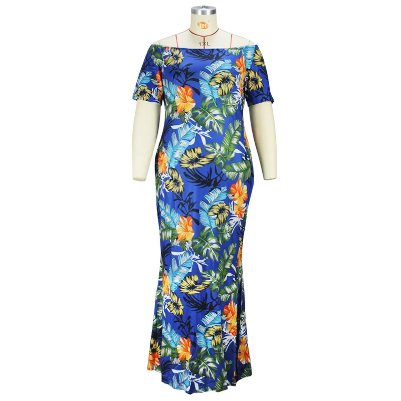 Summer Clothes for Women Robe Femme One Word Collar Sexy Floral Leaf Printing Bag Hip Backless Plus Size Maxi Dress Vacation