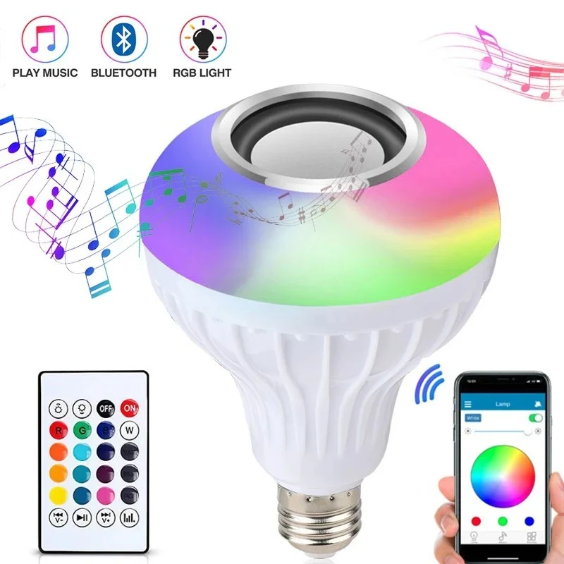 E27 RGB LED Bulbs Wireless Smart Bluetooth Music Player Dimmable Audio 12W LED Lamp LED Light 24 Keys Remote Controller