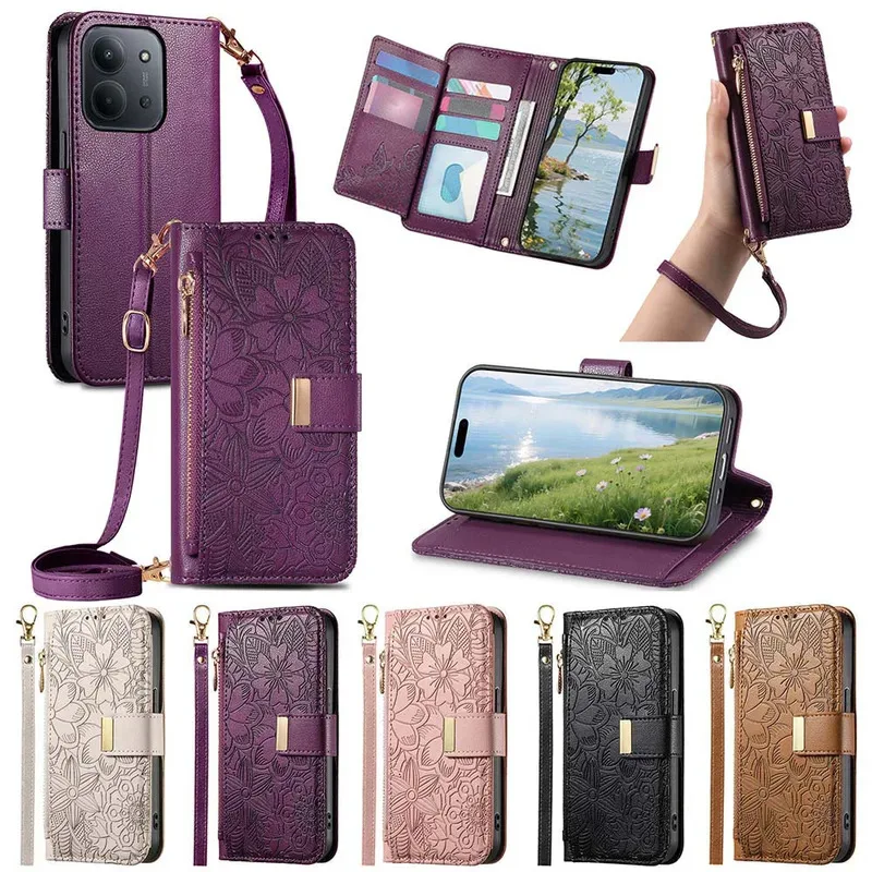 Zipper Wallet Flip Case with Card Holder and Wrist Strap