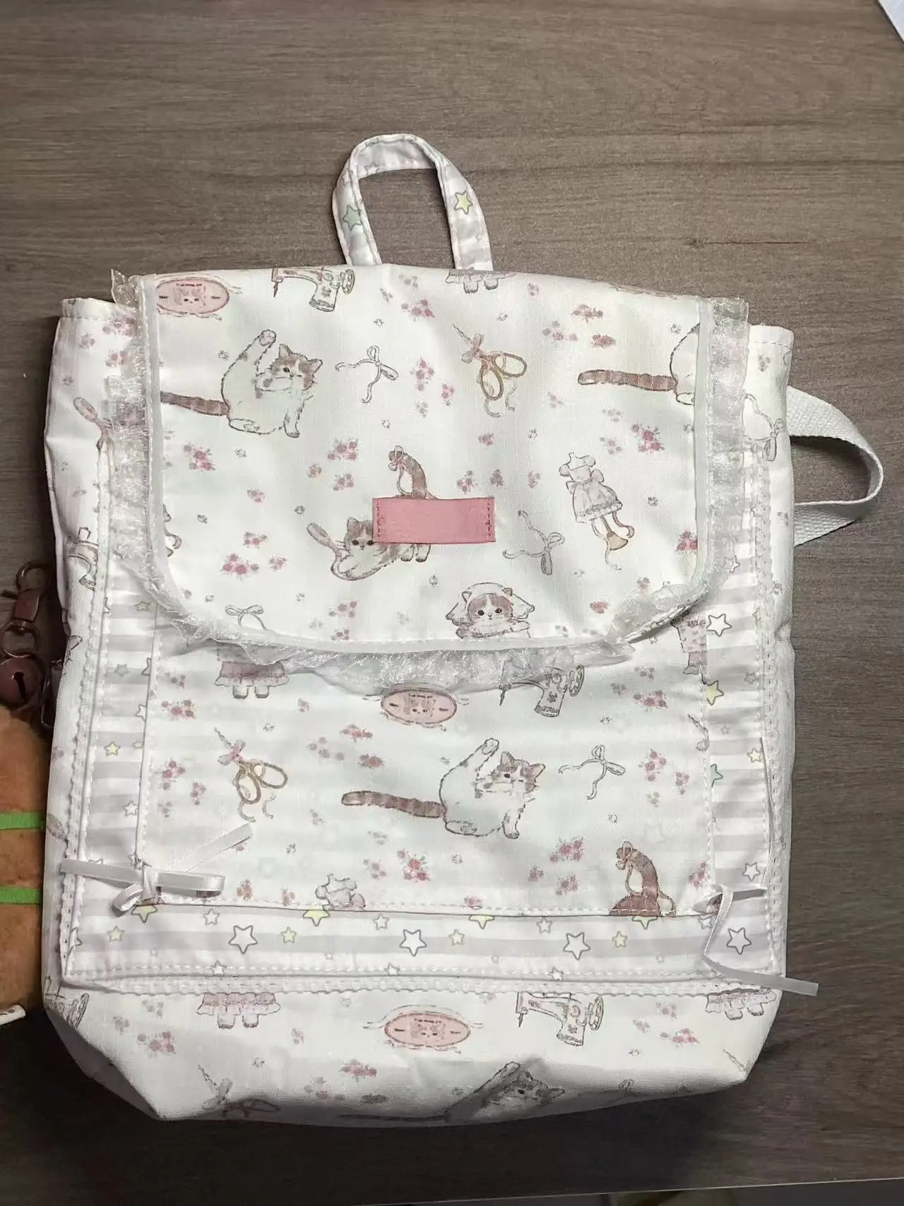 JIAERDI Sweet Cat Print Canvas Backpack Women Fairycore Aesthetic Lace Large Capacity Backpacks Girls Harajuku Kawaii Mochila