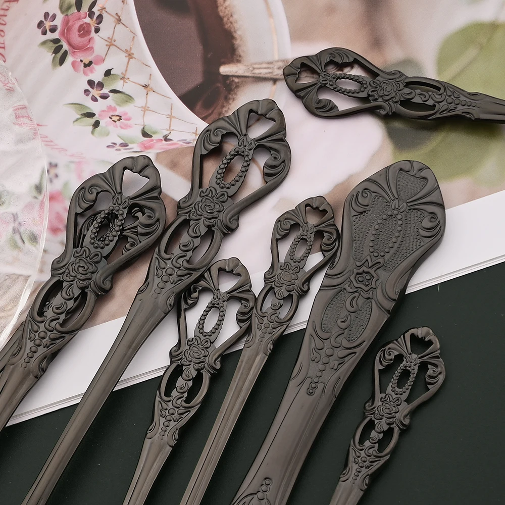 Western Black Stainless Steel Royal Dinnerware Cutlery Set Dinnerware Food Tableware Knife Fork Spoon Ice Spoon Flatware Gift