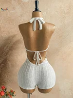 2026Women's Crochet Halter Romper White Hollow Out Backless Slim Fit Knitted Bodysuit for Beach Vacation Summer Festival - Image 2