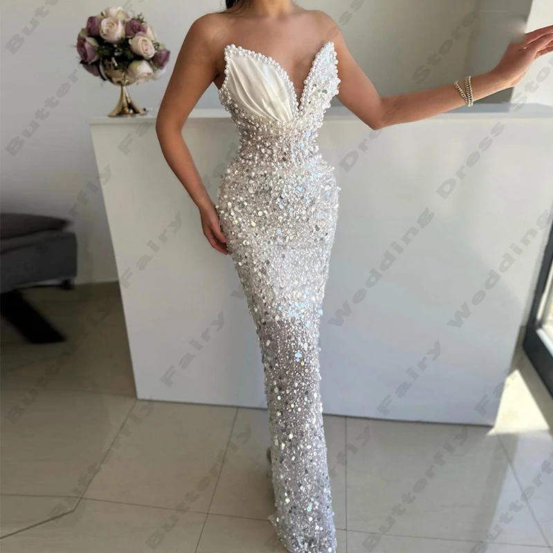 Glitter Vintage Women's Evening Dresses Sexy V-Neck Mermaid Sleeveless Princess Prom Gowns Fashion Celebrity Party 2024 Vestidos