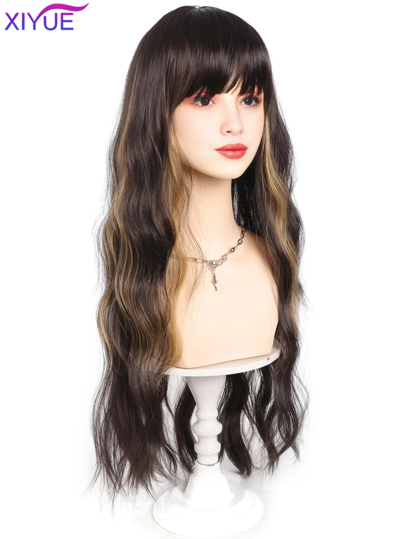 XIYUE Ombre Brown Synthetic Long Wavy Wig with Fluffy Bangs for Women Natural Hair Brown Blonde Highlight Wigs for Daily Cosplay
