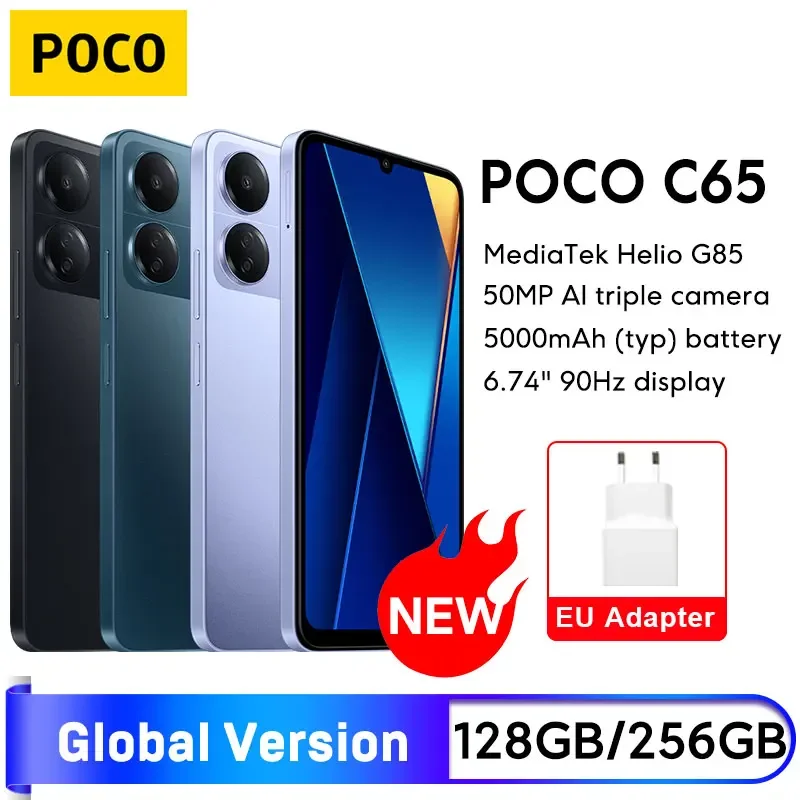 Новый POCO C65 глобальная версия 128 ГБ/256 ГБ MediaTek Helio G85 5000 мАч батарея 6,74 ''дисплей 90 Гц 50MP AI Тройная камера NFC