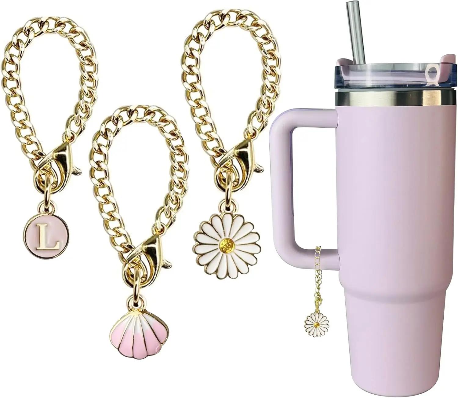 4PCS Stanley Cup Accessories Set - Silicone Straw Covers, Topper Cap, Boot & Initial Charm (Purple Letter D) - View #3