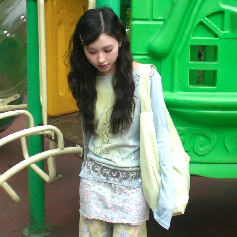 Karrram Japanese Y2k Off Shoulder Tops 2000s Style Fairycore Long Sleeve T-shirt Vintage Harajuku Cupid Print T Shirt American 5