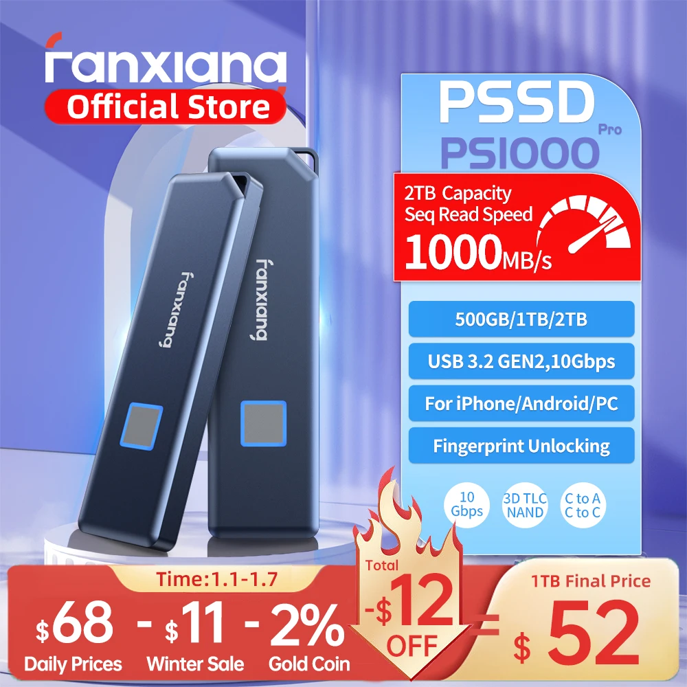 Fanxiang PS1000 Pro 10Gbps Portable Solid State Drive Fingerprint Unlocking External Hard Drive Type-C NVME PSSD Data Backup