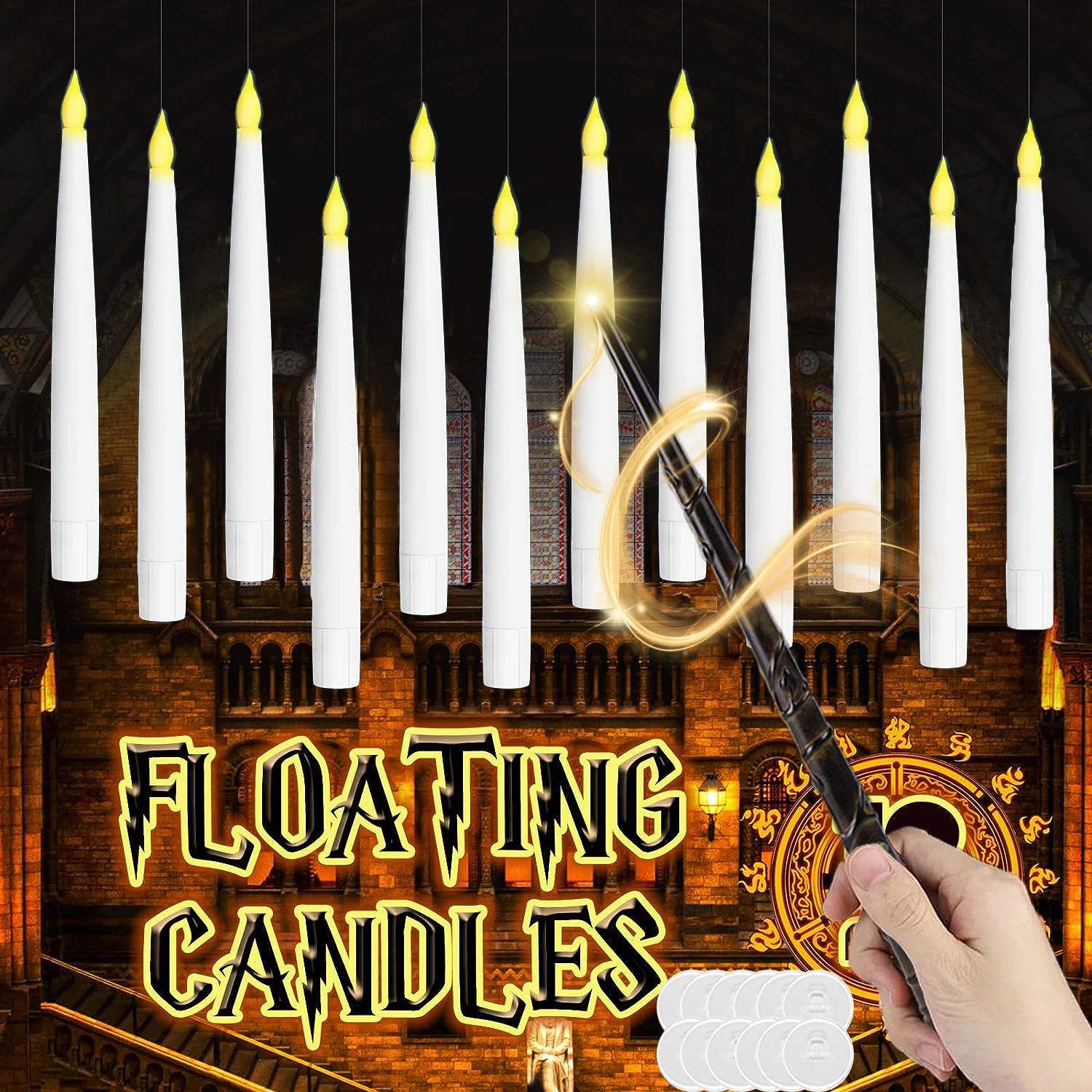 Velas flutuantes LED cintilantes com varinha mágica, vela voadora sem chama, velas ardentes para casamento e decoração de férias, 12-60PCs