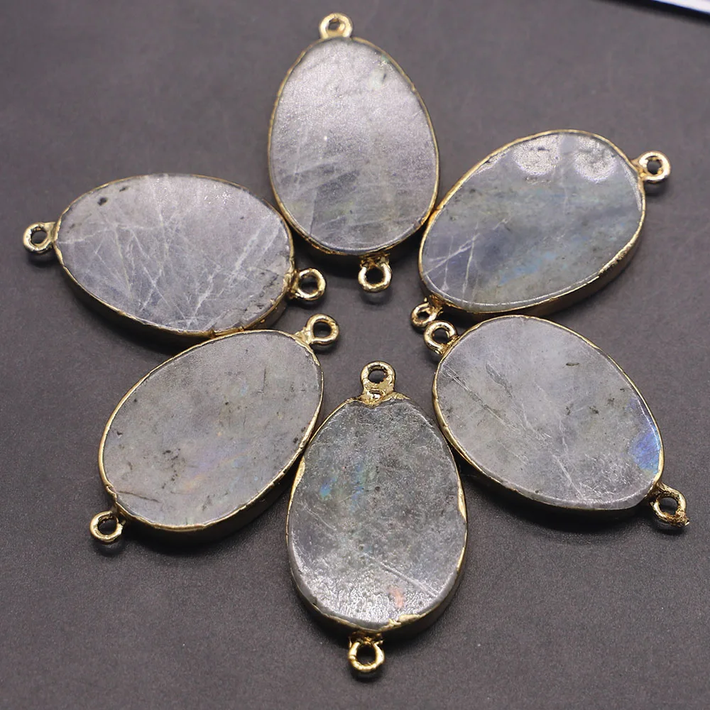 Natural Stone Oval Pendant Connector Labradorite Flat Necklace Mineral Healing Gold Plated Edge Charm DiY Jewelry 4Pcs Wholesale