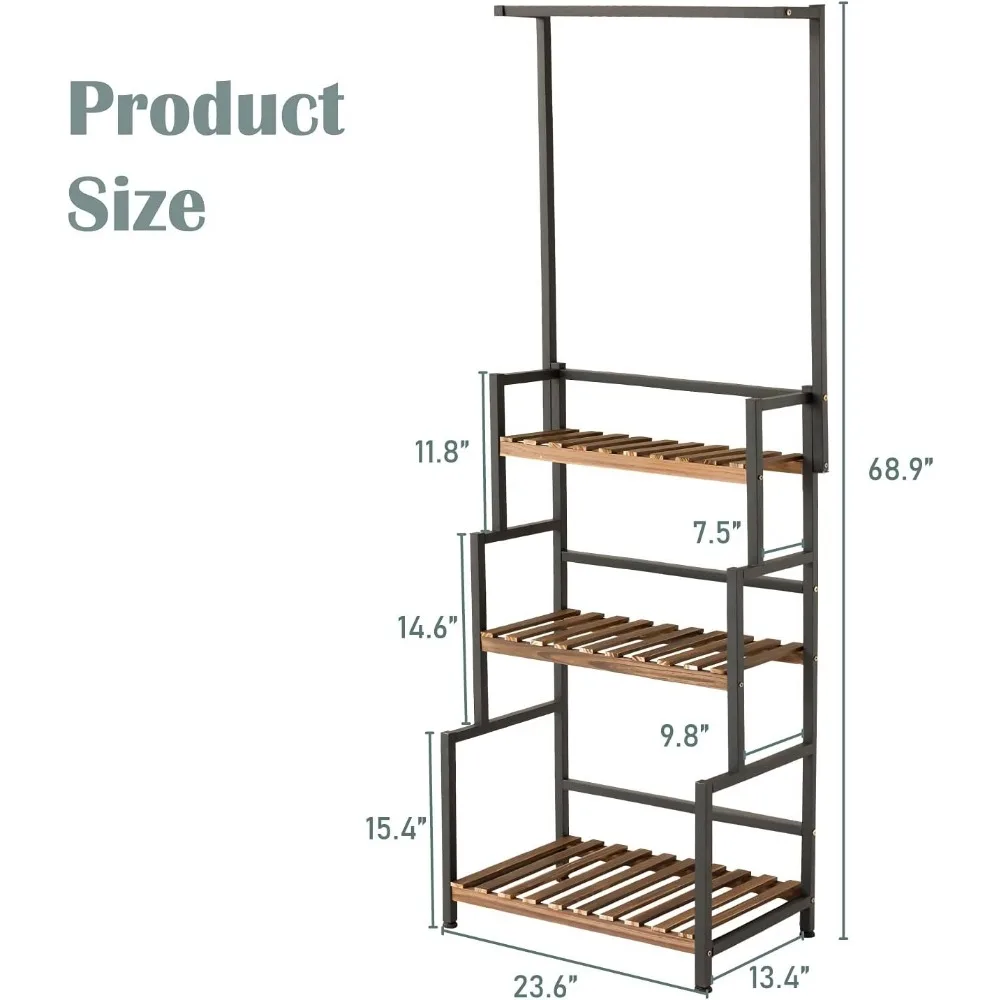 ULIKE Plant Stand Outdoor Indoor Hanging Plant Shelf for Multiple Plants 3 Tier Tall Stand Wood Rack with Metal Frame for