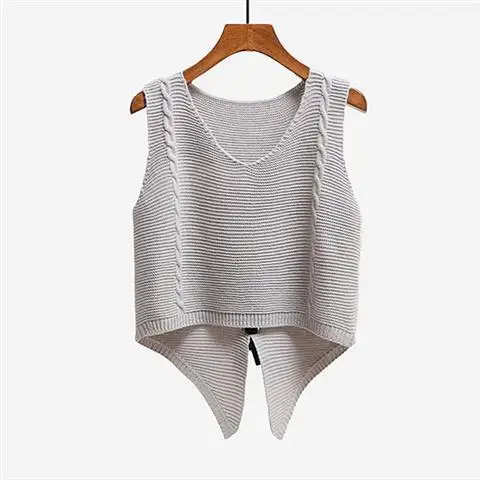 

Gray NEW Tailed Spring Korean V-neck Knit Sleeveless Sweater Short Vest Loose Coat Tops Waistcoat Lady Top Cloth for Women girl