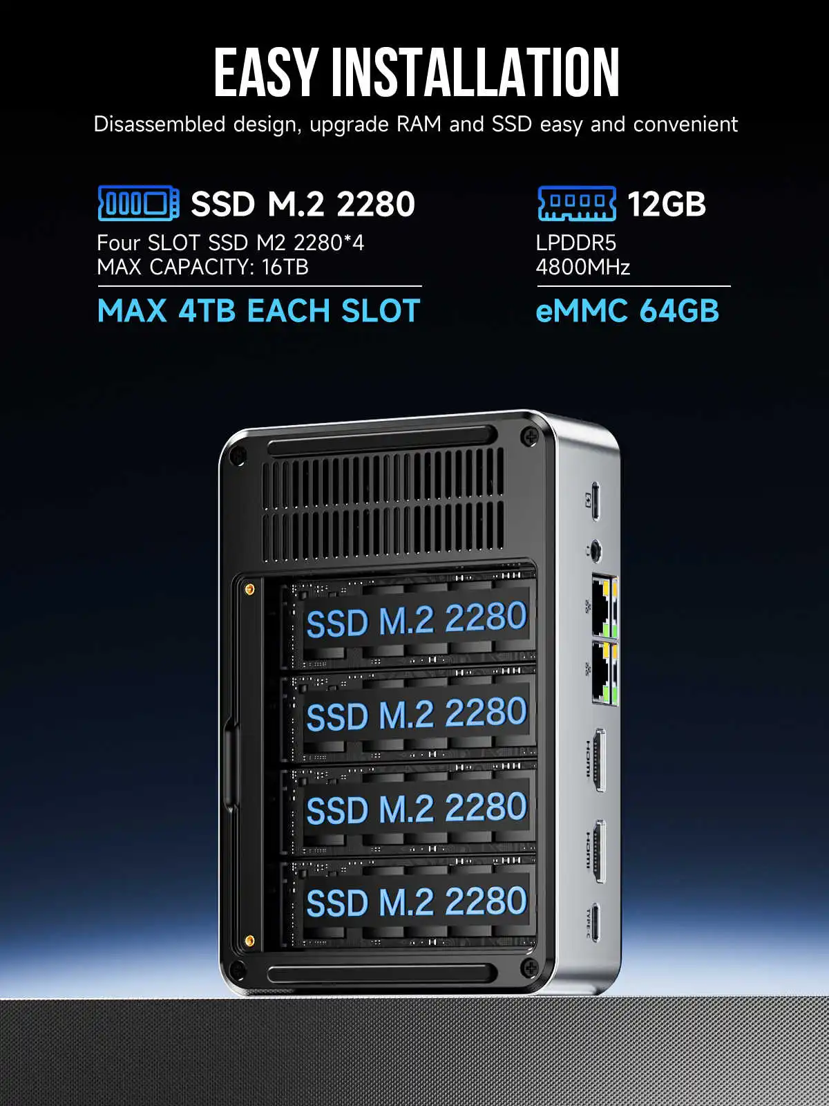 GMKtec G9 4-Bay Mini PC NAS Intel N150 M.2 NVMe Slots Homelab Server 12G LPDDR5 64GB eMMC Ubuntu 2x2.5G Firewall Computer WiFi6 3