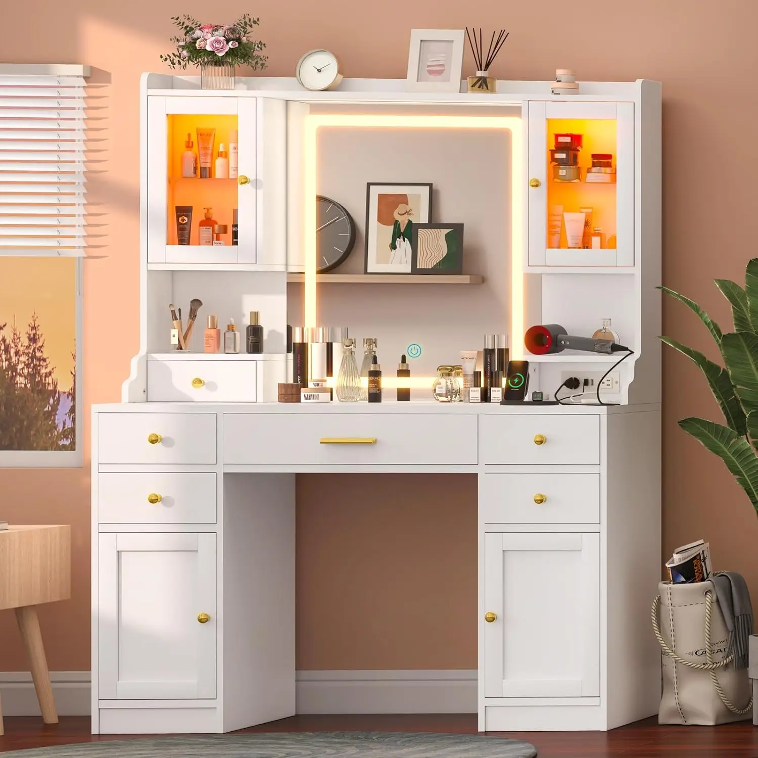 White Vanity Desk with Mirror Lights and Charging Station Make up Vanity Mirror with 3 Lights Mode and Brightness Adjusted