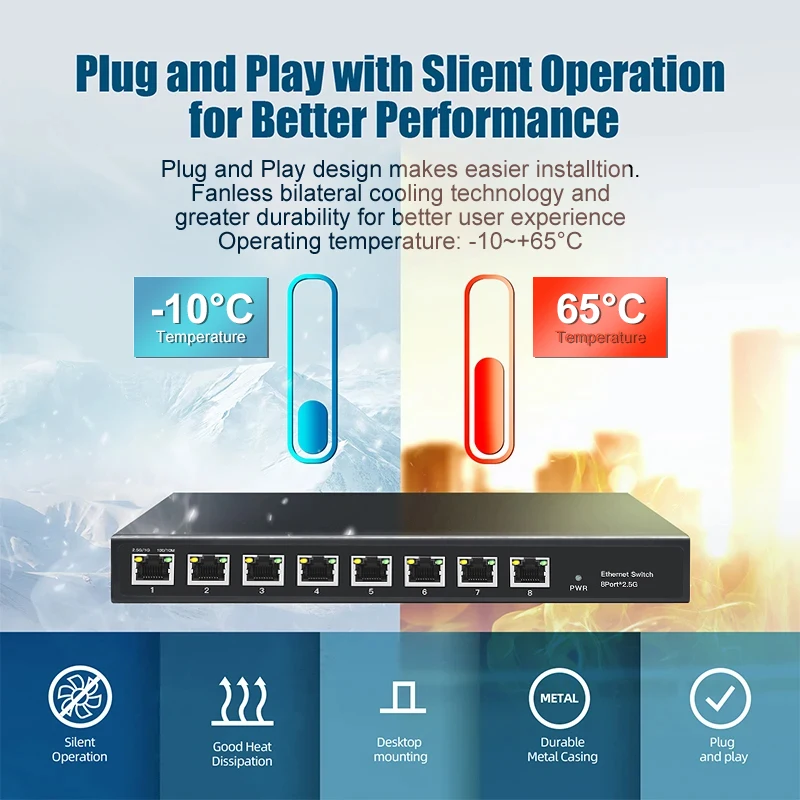OMAY 5/8 RJ45 포트 2.5Gb 이더넷 스위치, 2.5 GBASE-T 네트워크 스위치, 10 기가비트 업 링크 플러그 앤 플레이 허브, 인터넷 스플리터 팬리스