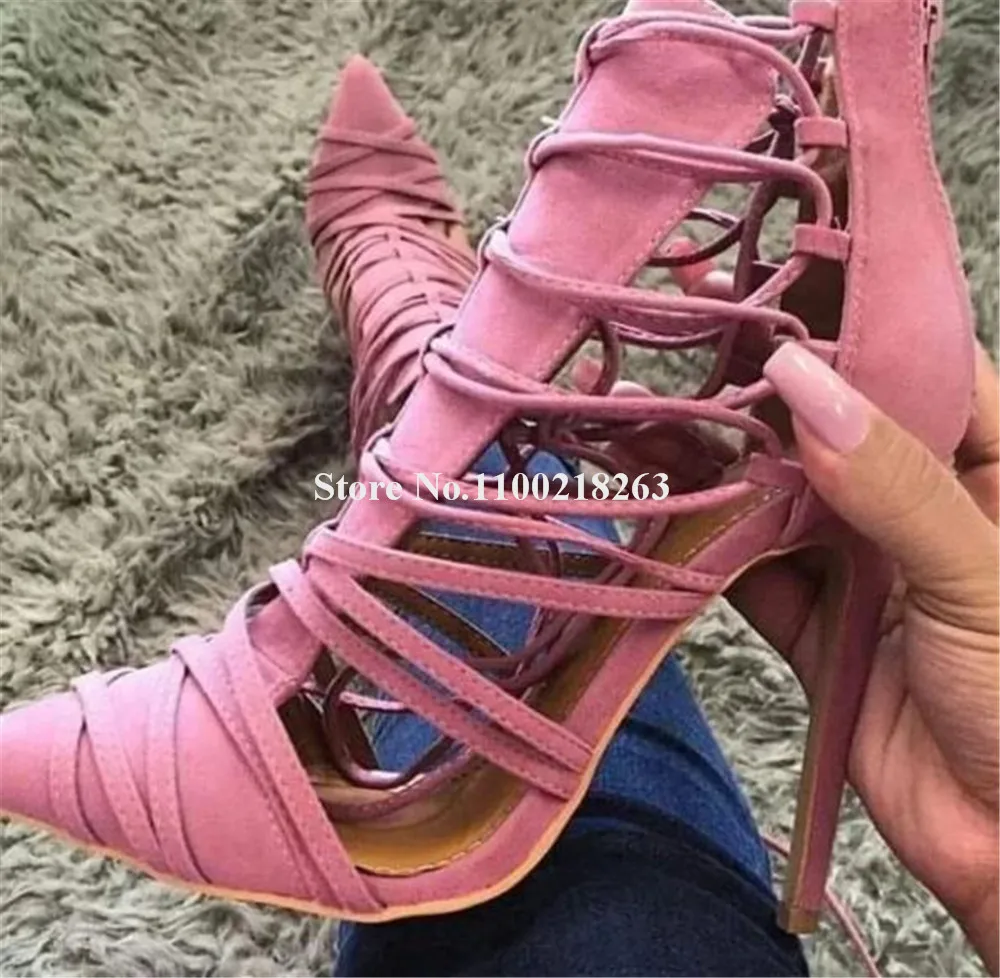 

Thin Straps Cross Cut-out Pumps Women Elegant Pointed Toe Pink Red White Suede Stiletto Heel Lace-up Dress Heels Party Shoes