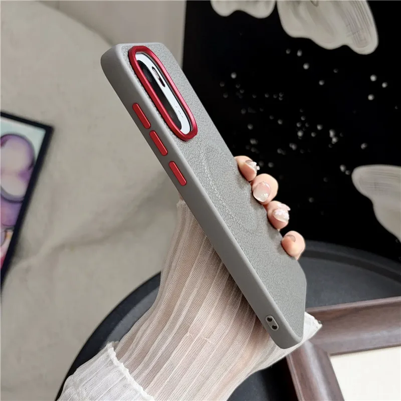 Luxury Magnetic Lychee Pattern PU Leather Non-Slip Phone Case with Metal Camera Frame
