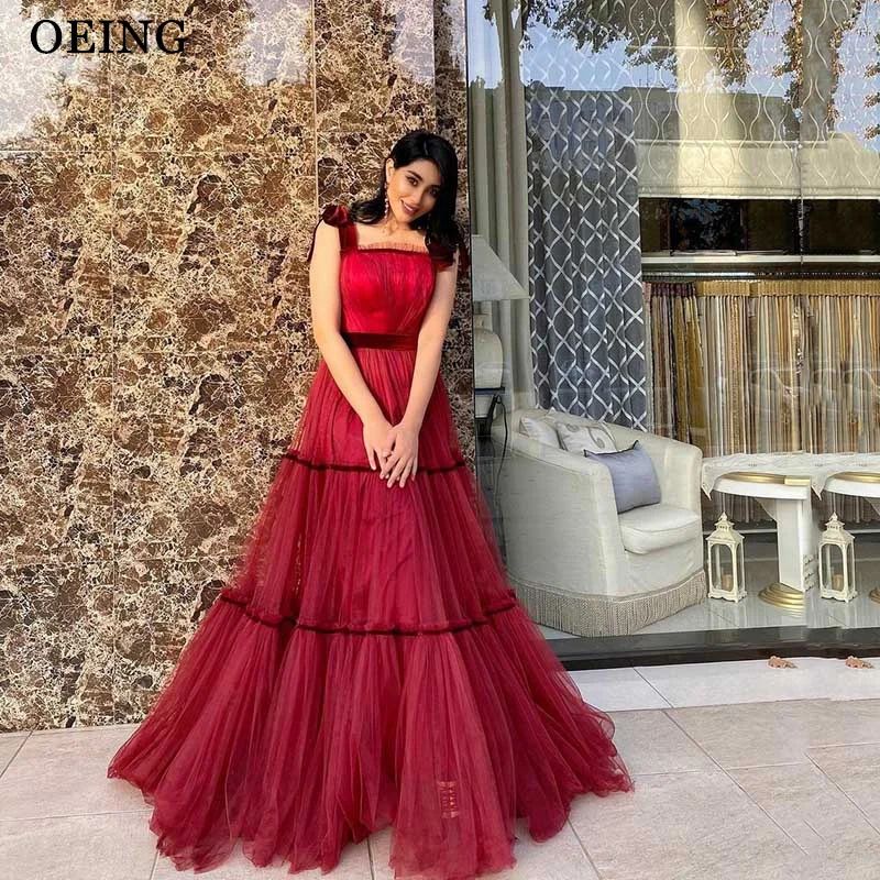 

OEING Red Bow Straps Prom Dresses Simple Strapless High Waist Tulle Tiered Evening Gown Elegant Floor Length Wedding Party Dress