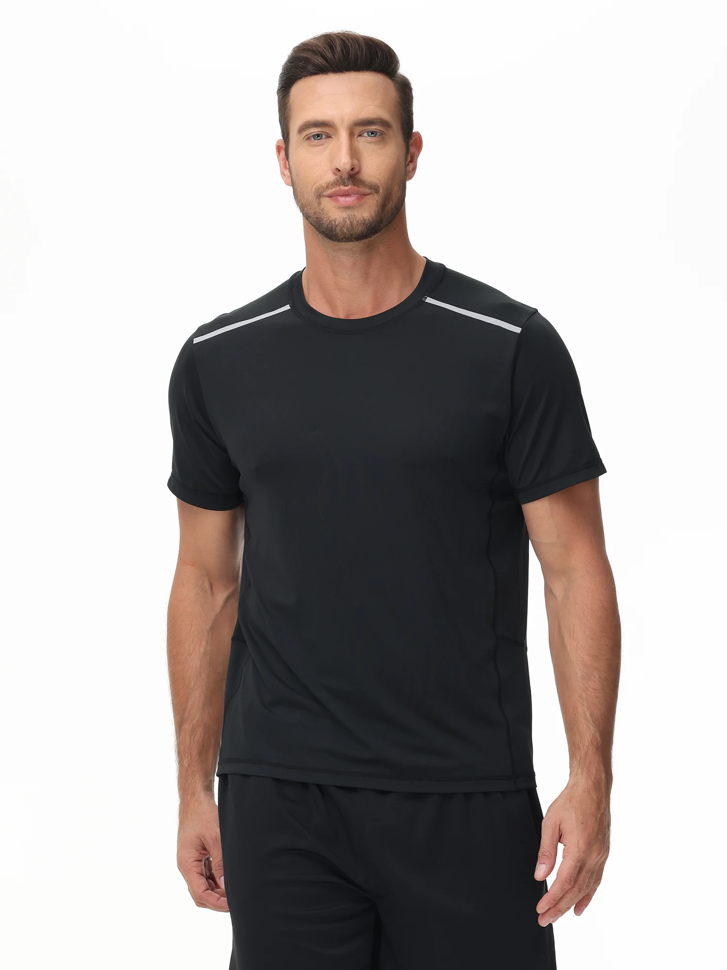 UPF 50+ Herren-Kurzarm-Sport- und Fitness-T-Shirt mit seitlichen atmungsaktiven Löchern für Fitnessstudio, Outdoor, Laufen, Sport, T-Shirt, Trainingsoberteile – Detail 15