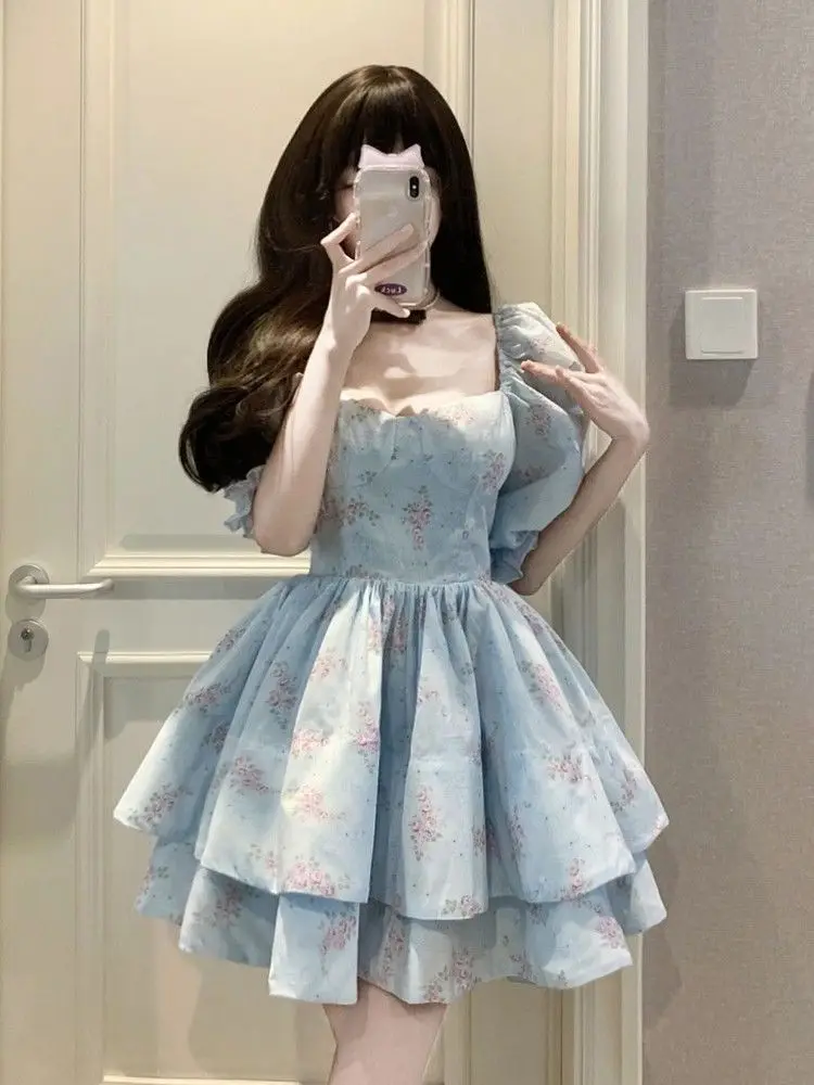 

French Tea Break Dress Women's Summer High-Grade Waist Slimming Puff Short Skirt