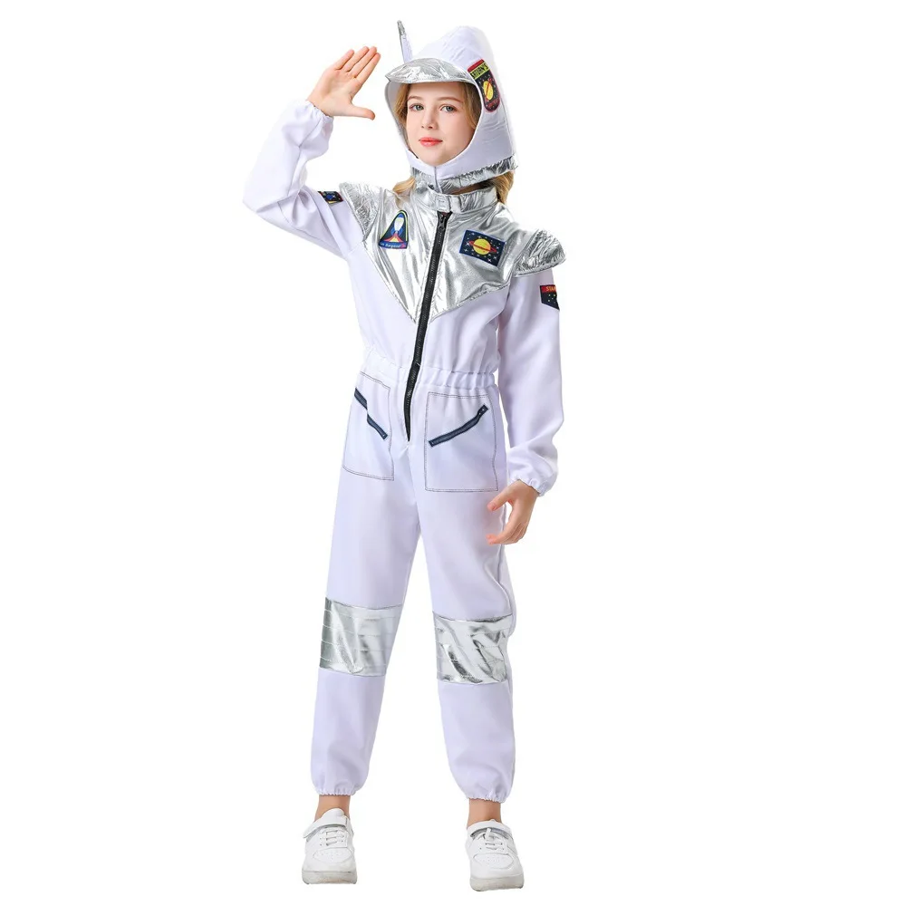

Children's Girls Astronaut Costume Space Jumpsuit Cosplay Halloween Silver and White Astronaut Suit Onesie with Hat