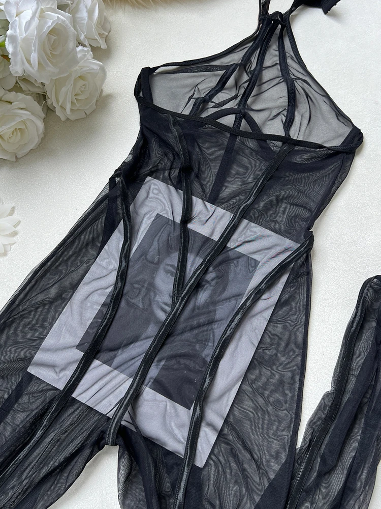 Halter lingerie design with sheer fabric, sculpted trim, and confident thong back finish