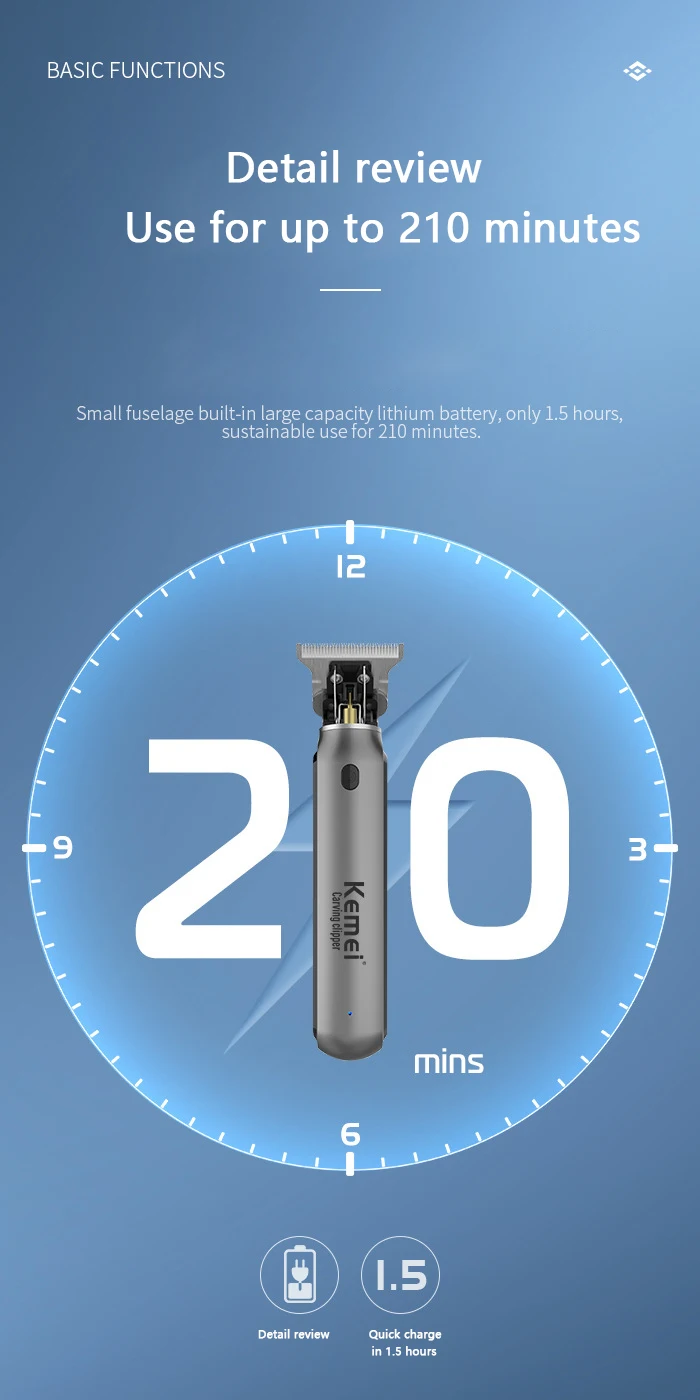 Kemei-Clipper de cabelo elétrico recarregável sem fio