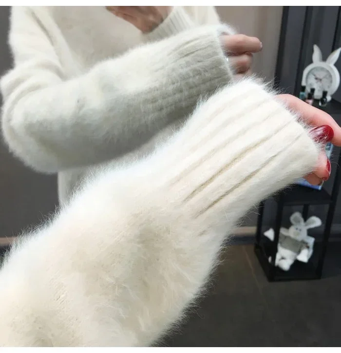 Winter Mink Faux Cashmere Thick Sweater Women Jumper White Pull Femme Loose Pullover Knitted Fluffy Sweaters For Women Winter