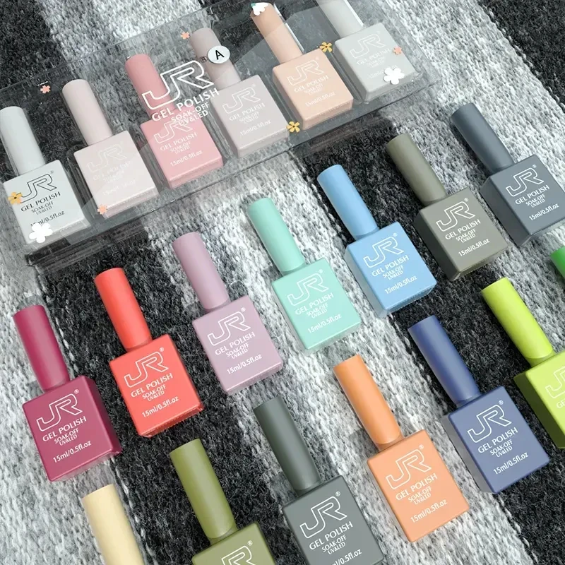 JR 6pcs 15ml gel nail polish set Including Red Pink Nude Gel Polish Kit UV LED Soak Off Polish Home DIY top coat base coat gifts 3