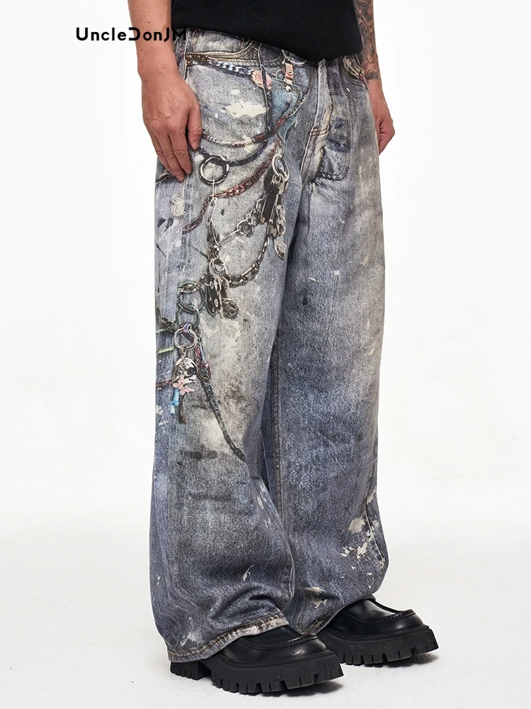 3D Printed Trouser Chain Loose Washed Digital Graffiti Keychain Printed Jeans Men Luxury Jeans 3