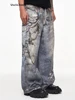 3D Printed Trouser Chain Loose Washed Digital Graffiti Keychain Printed Jeans Men Luxury Jeans 3