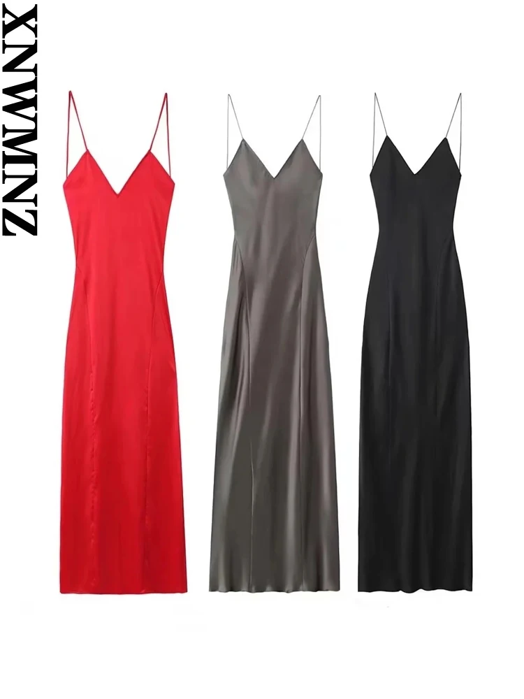 

XNWMNZ 2024 Women's satin slip midi dress Women party V-neck thin straps open back female dresses