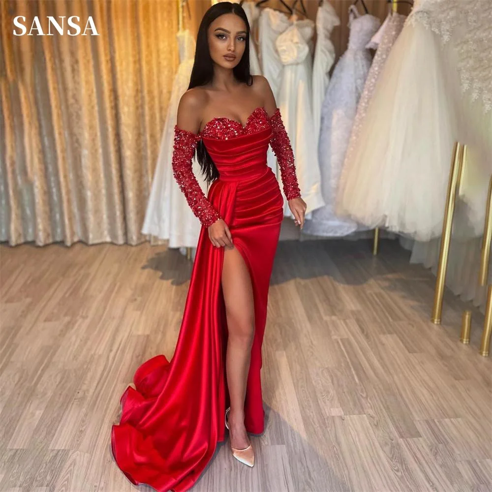 

Sansa Wine Red Strapless فساتين السهرة Mermaid Satin Vestidos De Noche Elegant Long Sleeves Sexy Side High Split Prom Dresses