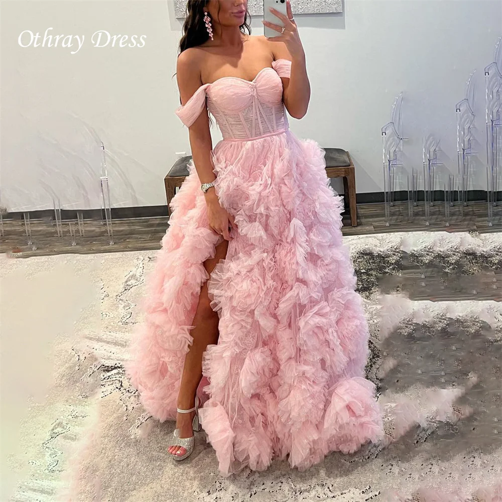 

Sexy Evening Dresses A-line Party Dresses Off Shoulder with Side Slit Tulle Formal Dresses Vestidos De Fiesta فساتين السهرة