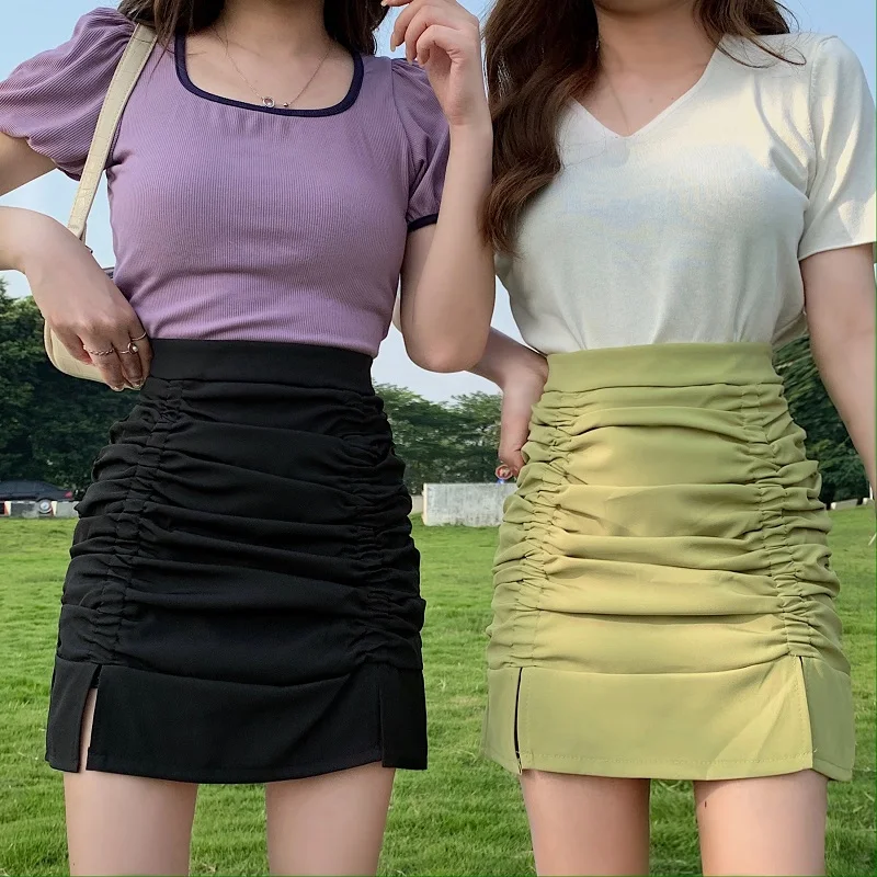 

Cute Skirt Women's Clothing Summer 2022 New Style Slit Pleated Hip Skirt Girls High Waist A-line Short Skirts p39
