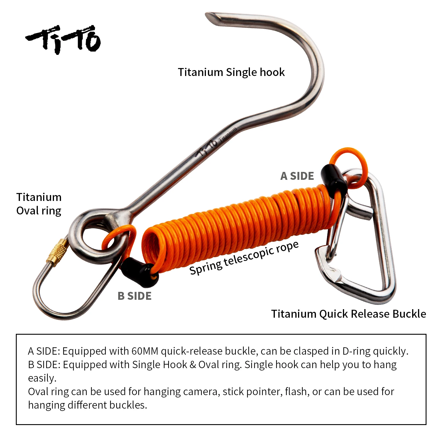 TiTo Titanium Reef Hook Scuba Diving Single Drift Hook with Telescopic Spring Rope for Diving Accessories Current Hook 5
