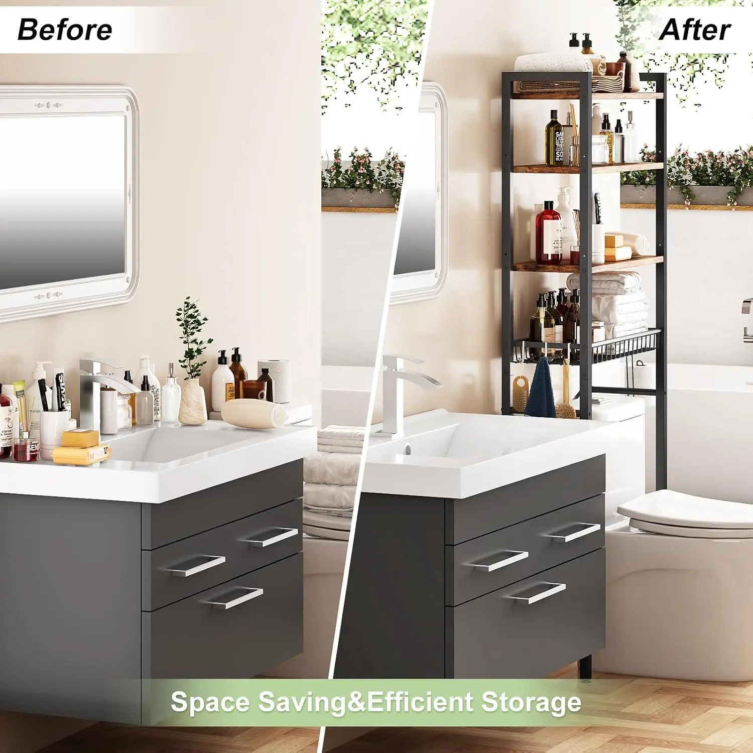 Over Toilet Storage Rack. 4-Tier. Adjustable Shelf & Basket. Freestanding. Space Saver. Vintage Brown.