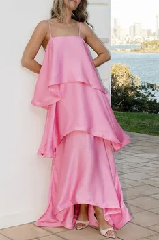 2026 Summer New Leisure Vacation Long Dress Elegant Sling Layered Satin Party Dress Women's Sleeveless Hollow Beach Maxi Dresses 1